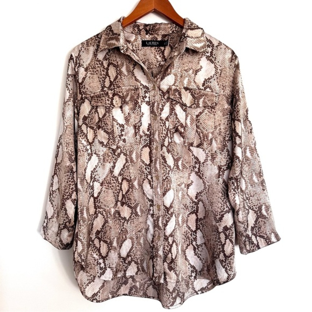 Ralph Lauren Black Label Beige Snakeskin Print Blouse Size Large